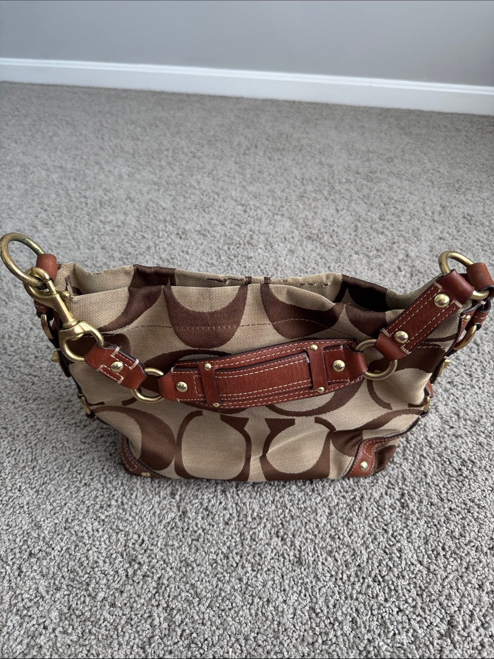 Coach Tan and Brown Signature Canvas Shoulder Bag with Leather Trim